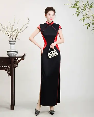 2023年新款高端大气走秀旗袍长款黑色高级感模特舞台舞蹈表演出服商品大图