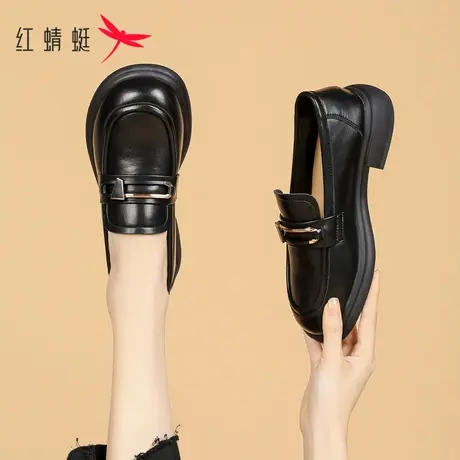 红蜻蜓黑色英伦风小皮鞋女夏季2023新款粗跟一脚蹬女鞋真皮乐福鞋商品大图