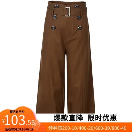 【艾格】2023春季新款阔腿裤女纯色高腰双排扣腰带七分裤子官方商品大图