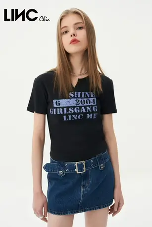 LINC金羽杰2023夏秋新款电子感修身紧致抽褶半袖T恤女S232FK221Y商品大图