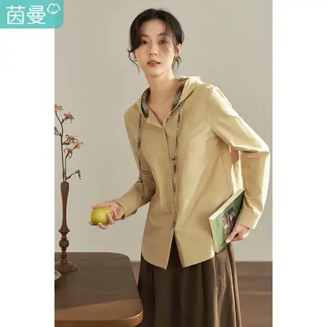 【商场同款】茵曼2023春女装新款田园单排扣格子拼接休闲连帽衬衫图片