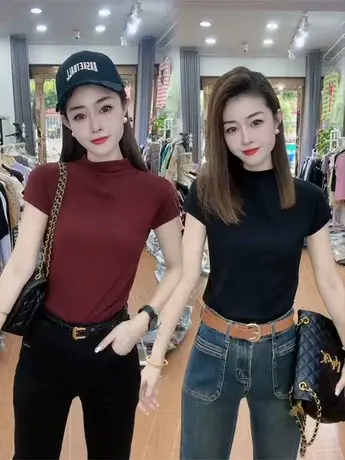 立领半高领弹力修身短袖T恤女2023春夏季新款纯欲风显胸大打底衫图片