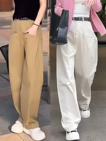 2023夏季新款卡其色阔腿裤工装休闲裤女宽松显瘦哈伦裤直筒长裤子商品大图