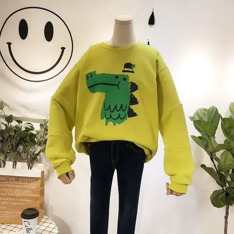 2018秋冬韩国东大门ulzzang搞怪鳄鱼摇粒绒加绒卫衣宽松大码休闲商品大图