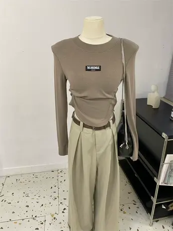 秋冬色系~复古美式垫肩正肩圆领修身弹力短T恤女新款长袖上衣打底商品大图