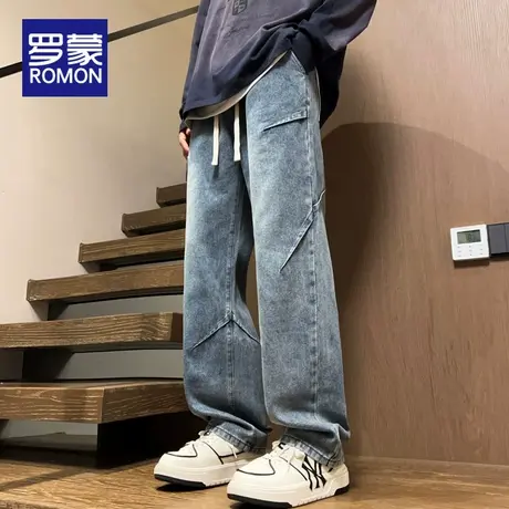 罗蒙美式潮流牛仔裤男生复古水洗做旧宽松直筒裤港风拖地阔腿裤子商品大图