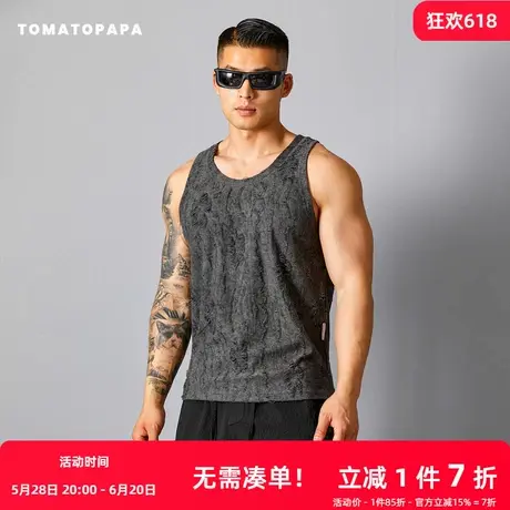TOMATOPAPA运动背心2025夏季新款破洞水洗复古套头健身训练男上衣商品大图