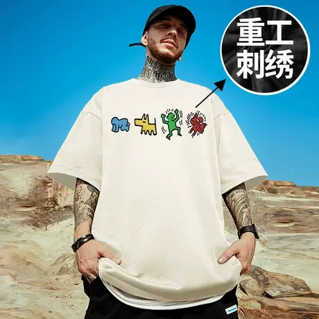 刺绣短袖T恤男美式潮牌情侣纯棉白色打底衫男女同款大码夏季半袖商品大图