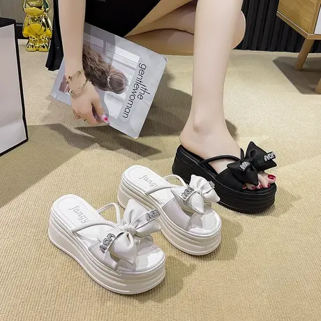 厚底时尚凉拖鞋女款夏季新款2024水钻蝴蝶结高跟小个子网红一字拖图片