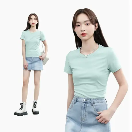 KWV真维斯正肩短袖t恤女夏2025新款圆领半袖基础款绿色修身上衣商品大图