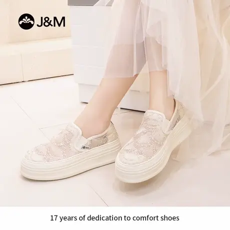 JM快乐玛丽女款夏季新款网纱蕾丝百搭乐福鞋网面透气轻奢妈妈鞋子图片