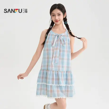 三福连衣裙2025夏季绑带圆领格子花边A字娃娃裙女装504238图片