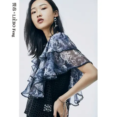 裂帛LIEBOFeng设计师品牌2023年国潮镂空拼接宽松短袖雪纺衬衫女图片