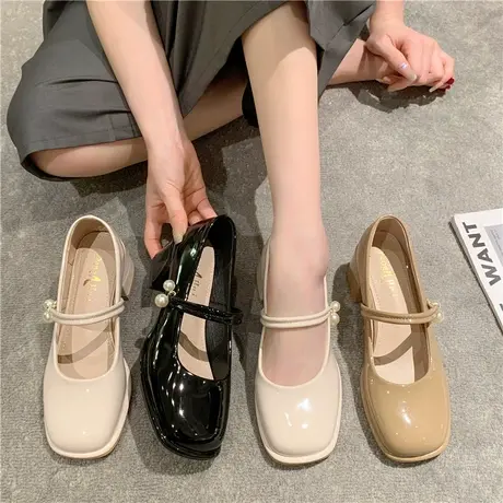 珍珠单鞋女2023年春夏季新款粗跟法式小皮鞋方头百搭中跟玛丽珍鞋商品大图