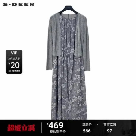 sdeer圣迪奥女装复古圆领印花收腰针织衫连衣裙套装S243Z1408图片