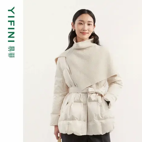 [专柜同款]Yifini/易菲百搭V领宽松中长款羽绒服系带收腰外套女冬商品大图