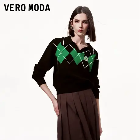Vero Moda奥莱春秋新款毛衣女宽松学院风格纹polo领休闲撞色上衣图片