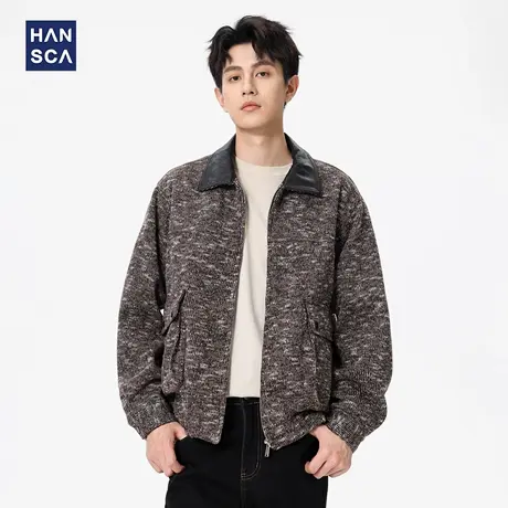 hansca美式复古翻领外套男2025新款时尚潮牌宽松大码针织休闲夹克商品大图