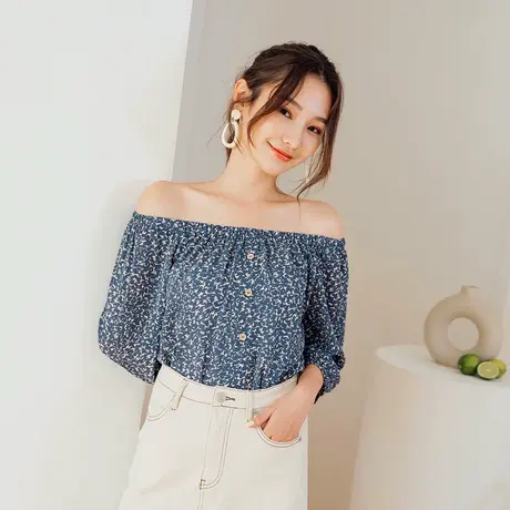 桔熊夏季雪纺衫碎花娃娃装一字领七分袖上衣女大码AB15614商品大图