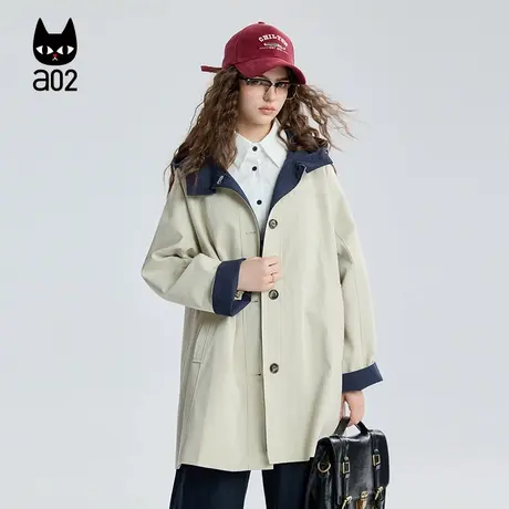a02撞色连帽宽松中长款风衣女2025新款秋季户外出行防风外套秋装图片