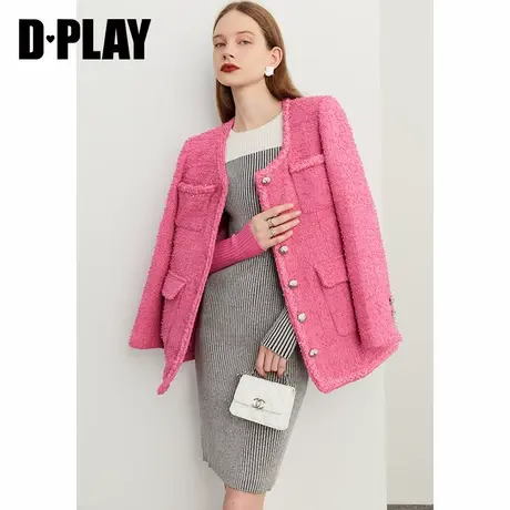 DPLAY【黑标】春新小香风玫瑰紫立体编织带装饰粗花呢外套商品大图