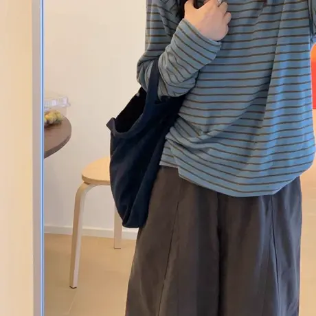 圆领撞色条纹针织长袖t恤女秋季宽松外穿百搭慵懒风显瘦打底上衣商品大图