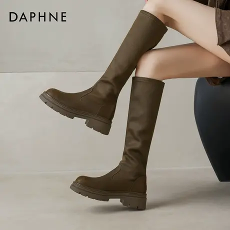 达芙妮棕色靴子长筒靴女2025新款爆款冬季加绒长靴复古高筒骑士靴图片