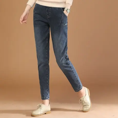 韩潮袭人松紧腰加绒牛仔裤子女2023冬季新款百搭显瘦休闲哈伦裤商品大图