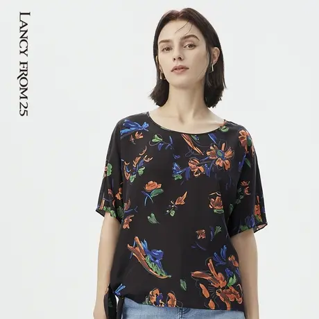 朗姿奥莱奥莱商场同款夏奥莱新品衬衫黑色长袖印花雪纺衬衫女图片