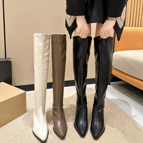 过膝靴子女2023新款秋冬显瘦高跟小个子超长高筒靴尖头时装骑士靴商品大图