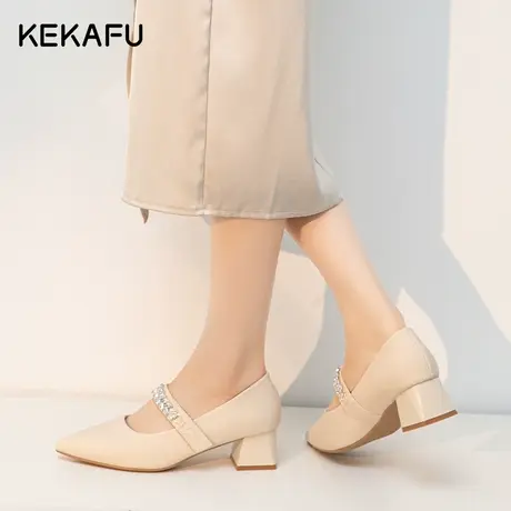 珂卡芙尖头单鞋女2023新款秋季法式气质粗跟浅口温柔晚晚鞋高跟鞋图片