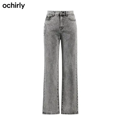 ochirly欧时力牛仔长裤女秋装新品阔腿裤笑脸贴钻纯棉轻奢时尚图片
