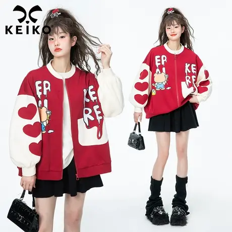 少女感独特外套棒球服女装秋季减龄洋气印花红色夹克chic上衣商品大图