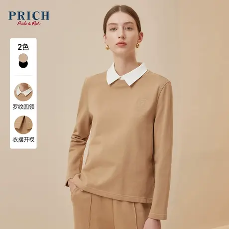 PRICH2023冬新款宽松版型棉质休闲logo刺绣微落肩圆领卫衣T恤衫女图片