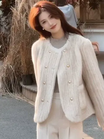 2023秋冬季新款仿水貂毛皮毛一体外套女韩版网红双排扣上衣ins潮图片