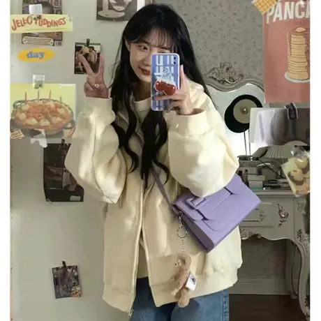 连帽卫衣女2023新款秋冬季小个子上衣韩系慵懒风加绒加厚开衫外套图片