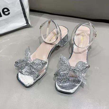 蝴蝶结粗跟凉鞋2023夏季新款超仙水晶跟配裙子外穿一字带高跟鞋女商品大图