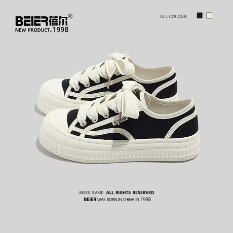 蓓尔日系拼色系带帆布鞋板鞋2023新款春季女鞋小白鞋厚底饼干鞋女商品大图