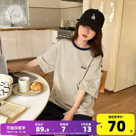 yoe23夏装卡其色口袋复古潮牌oversize学院风小个子短袖t恤女上衣图片