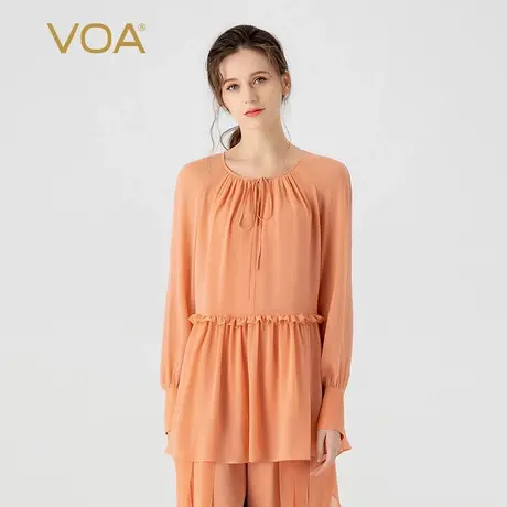 VOA桑蚕丝乔其裸粉色V领衬衫袖木耳边双层淑女裙摆式下摆真丝T恤图片