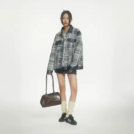 设计感拼接外套女春秋2023新款小个子复古宽松oversize小众上衣潮商品大图