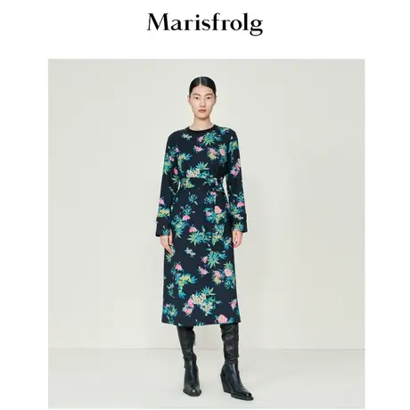 【商场同款】玛丝菲尔女装冬季新款纯羊毛碎花黑色长袖连衣裙图片