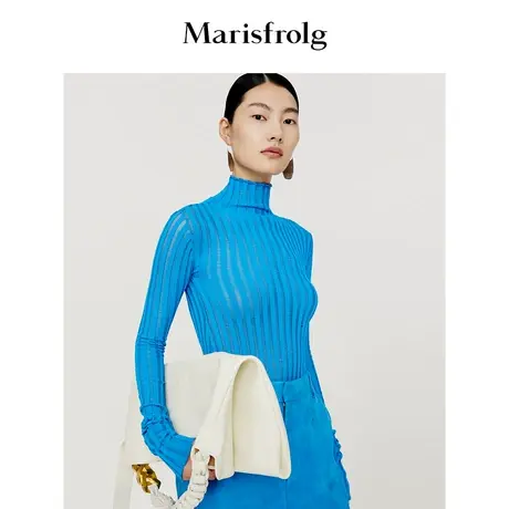 【逐光之旅】玛丝菲尔秋季汉斯蓝竖直坑条羊毛针织衫图片