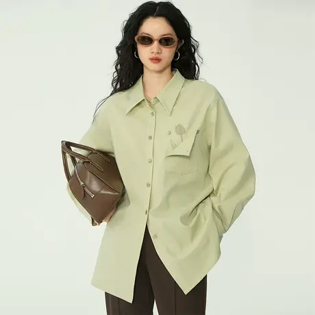 omont蛋挞家 印花长袖衬衫女春季年新款复古宽松设计感衬衣商品大图