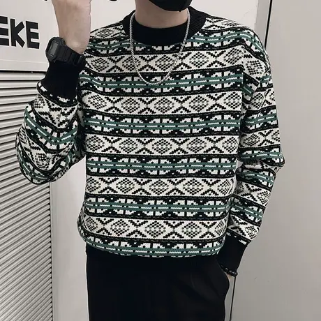 秋冬季毛衣男2023新款潮流小众设计民族风提花圆领内搭毛线针织衫商品大图