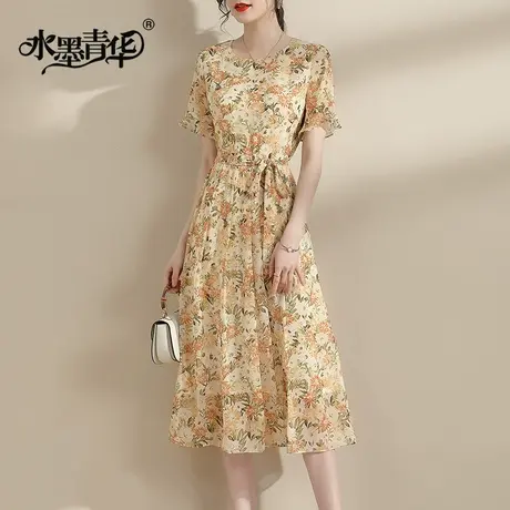 【1件7.9折】夏装新品显瘦雪纺裙柔软舒适中长款印花短袖连衣裙商品大图