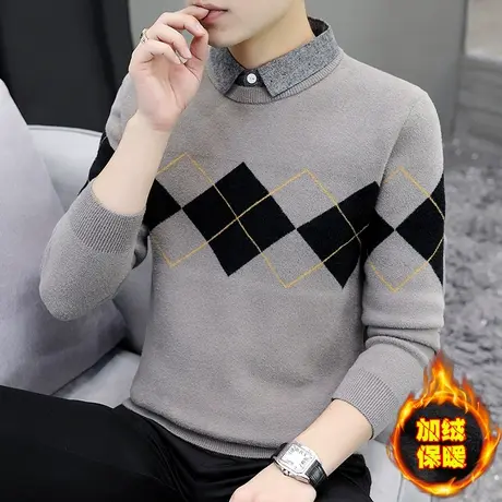 秋冬季毛衣男假两件加绒加厚软糯保暖针织打底线衫衬衫领潮流上衣图片