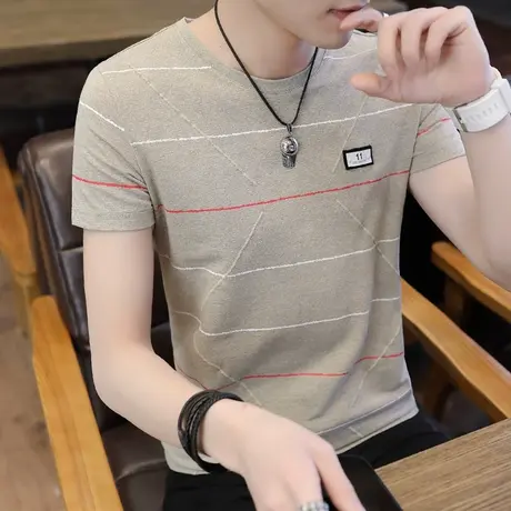 2023新款男士夏季短袖T恤上衣服潮流韩版打底衫修身半袖圆领体恤商品大图