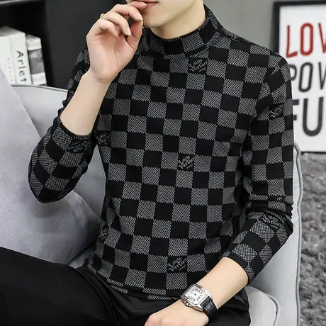 半高领t恤男士长袖小格子秋冬季打底衫男秋衣内搭潮流修身款韩版图片