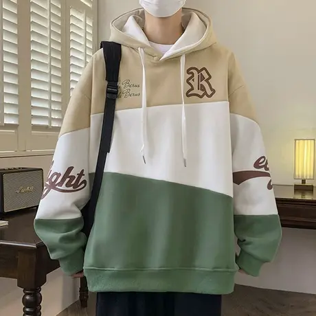 拼接撞色卫衣男秋冬款加绒加厚打底衫上衣潮牌宽松青少年连帽外套商品大图